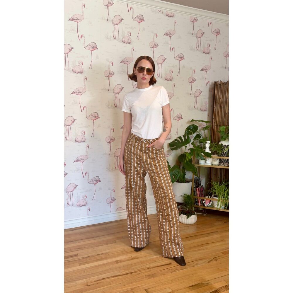 Vintage Daisy Print Yellow and Brown Wide Leg Floral Pant Size 8